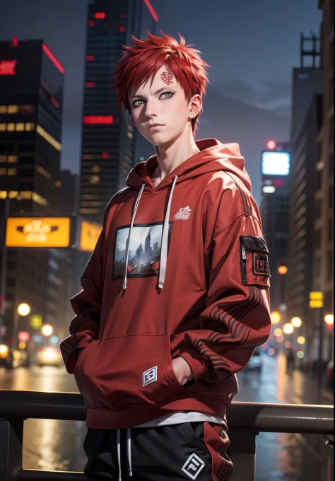 masterpiece, ultra-detailed, 1boy, male focus, upper body shot, Gaara wearing Streetwear Hoodie, red hair, look at viewer, happy...