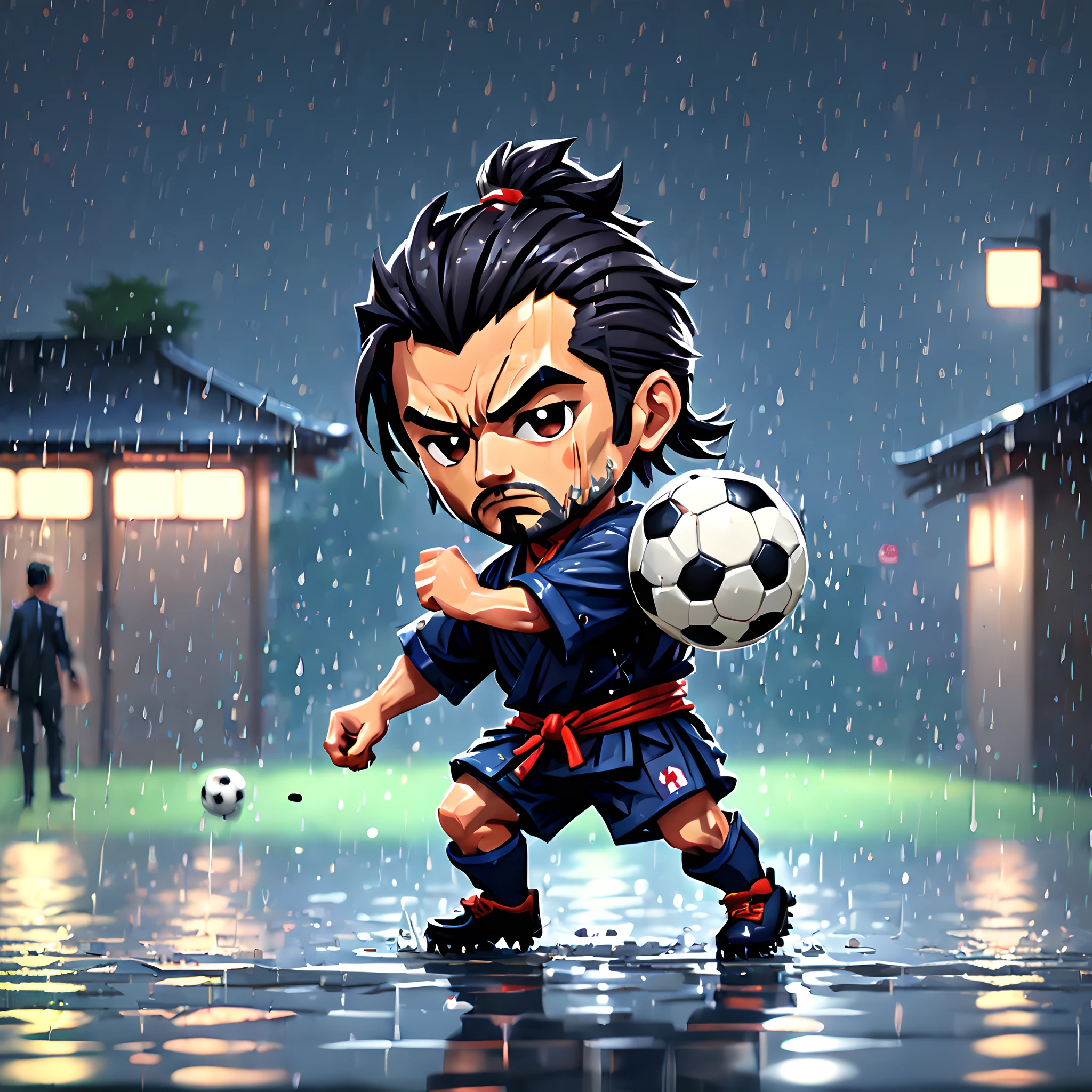 (Pixel art:1.5), (pixel theme:1.5), (chibi emote:1.5), (chibi character:1.5), (japanese game character:1.5), (fantasy:1.5), (rainy night:1.5), (heavy rain:1.5), (1japanse samurai:1.5), (Toshiro Mifune:1.5), (playing soccer:1.5),