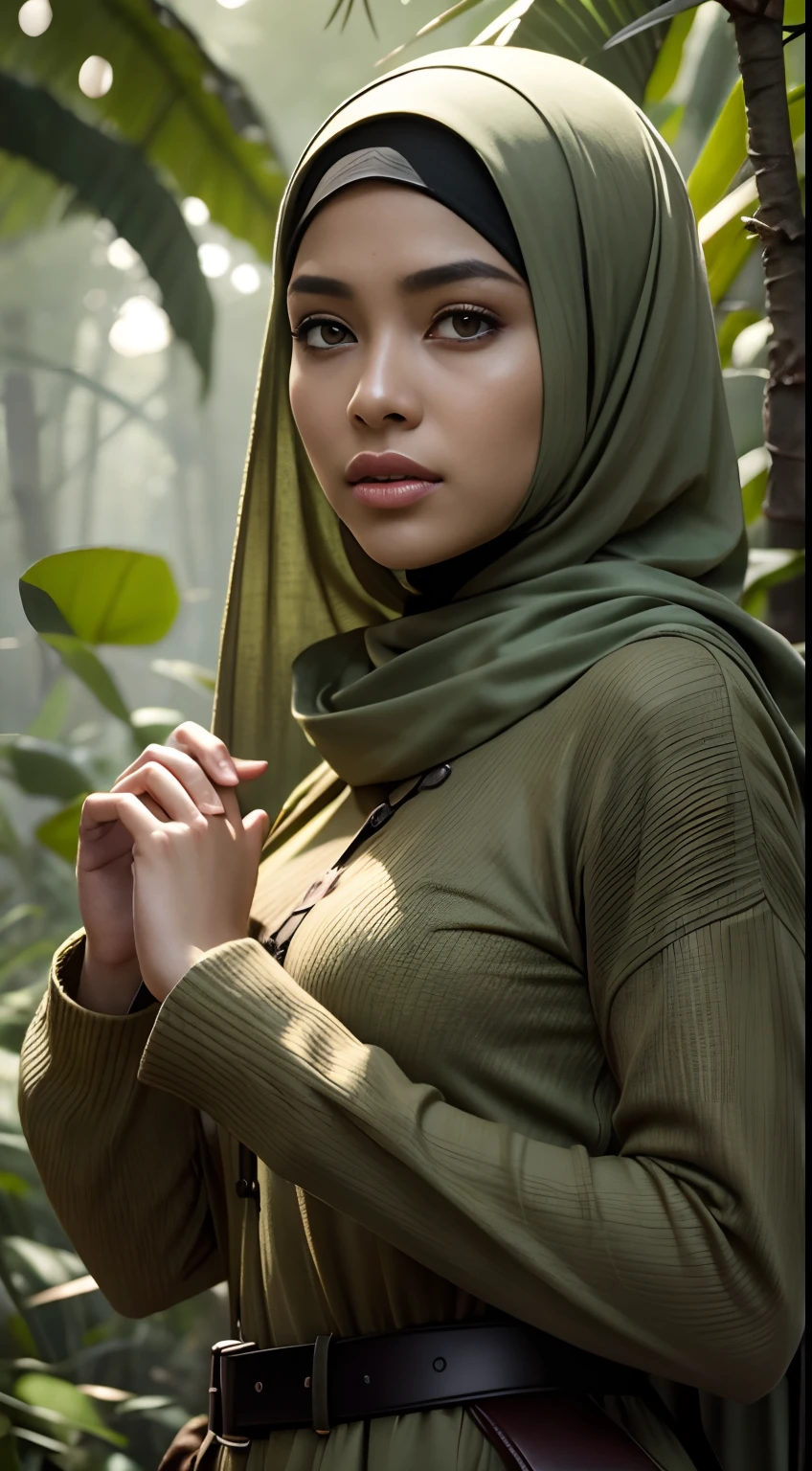 RAW, Best quality, high resolution, masterpiece: 1.3), beautiful Malay woman in hijab (iu:0.8),Best quality, high resolution, Masterpiece: 1.3, Beautiful  hijabi malay girl, Masterpiece, Soft smile, Realistic, 1girl, charming eyes, glowing eyes,parted lips, big breast, Beautiful adult woman in hijap, full-length, beautiful figure, aesthetics of the female body, savage from the islands, hunter of mysterious creatures, observing the creature, in ambush, studying the creature found, in ranger clothes, with a large backpack, detailed clothes, many pockets, many belts, everything is hung with gadgets, catches small mysterious creatures, hunts small creatures, mysterious forest, beautiful forest, nature surrounded by flowers,  tender leaves and branches surrounded by fireflies (natural elements), (jungle theme), (leaves), (branches), (fireflies), (particle effects), etc.3D Octane rendering, ray tracing, super detailing viewer, closeup