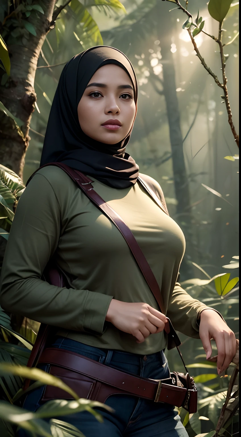 RAW, Best quality, high resolution, masterpiece: 1.3), beautiful Malay woman in hijab (iu:0.8),Best quality, high resolution, Masterpiece: 1.3, Beautiful  hijabi malay girl, Masterpiece, Soft smile, Realistic, 1girl, charming eyes, glowing eyes,parted lips, big breast, Beautiful adult woman in hijap, full-length, beautiful figure, aesthetics of the female body, savage from the islands, hunter of mysterious creatures, observing the creature, in ambush, studying the creature found, in ranger clothes, with a large backpack, detailed clothes, many pockets, many belts, everything is hung with gadgets, catches small mysterious creatures, hunts small creatures, mysterious forest, beautiful forest, nature surrounded by flowers,  tender leaves and branches surrounded by fireflies (natural elements), (jungle theme), (leaves), (branches), (fireflies), (particle effects), etc.3D Octane rendering, ray tracing, super detailing viewer, closeup