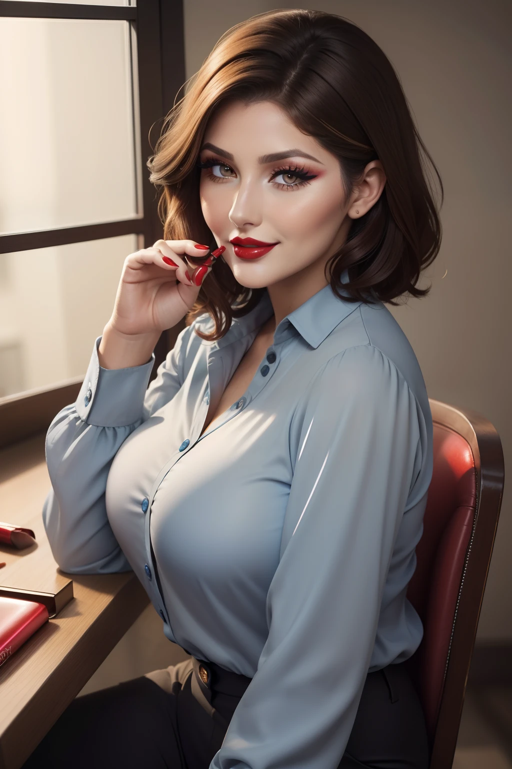 Lucy Pinder, face portrait, ((Very Intense Makeup)), smiling, ((red lipstick)), ((woman with makeup)), short hair, brown hair, straight hair, Voluptuous Woman, long-sleeved blouse, blouse with buttons, light blue blouse, gray formal pants