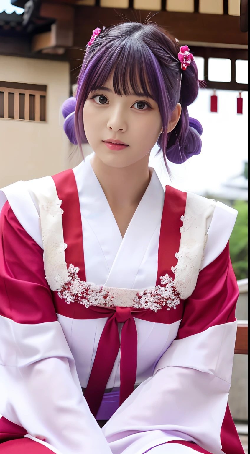 (Best Quality:1.4), hight resolution, masutepiece,, 1girl in,, Light purple hair, Purple eyes, (Kemomimi), medium breasts, bare slim thighs,, Hair Ornament, (Red|White Japan priestess uniform), Detached sleeves,, blush,, lantern, shrines,, Detailed face,