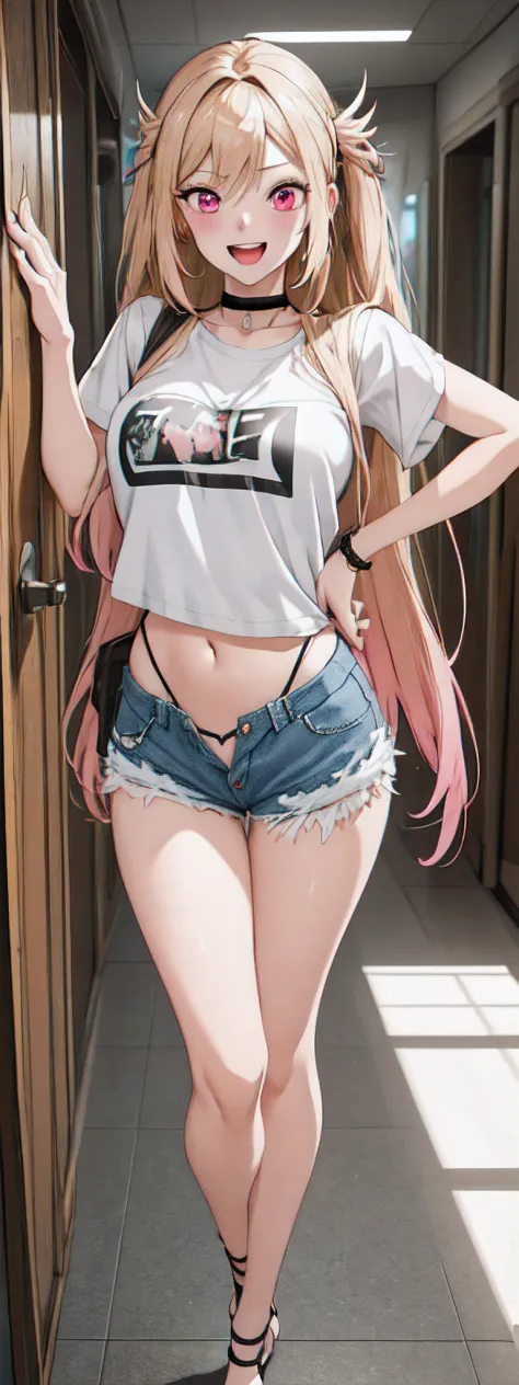 best quality,ultra-detailed,high resolution,extremely detailed cg,anime picture,unity 8k wallpaper,
blond hair,pink eyes,long hair,ripped shorts,white shirt,purse,navel,looking at viewer,hair ornament,smile,pov doorway,open mouth,denim,x hair ornament,cybe...