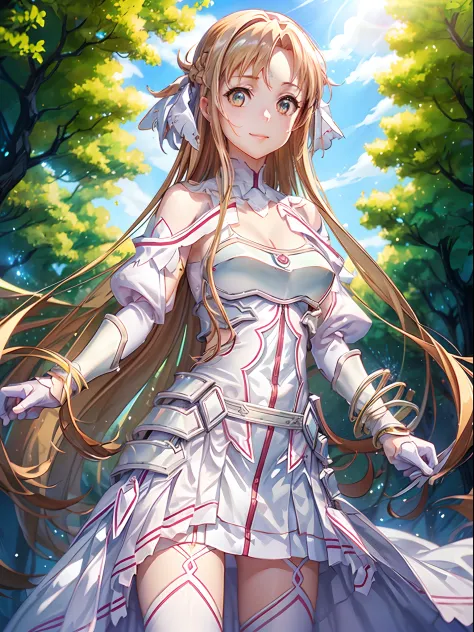 An ultra-high picture quality、(​masterpiece),illustratio,Stacia, Asuna, Asuna_\(stele\), 1girl in, Fantasia,((The sword、Longsword、Colorful eyes:1.15))、the whole、looking at from the front, landscapes, 上半身_Body, (standing on the grass), smil, 独奏, (They striv...