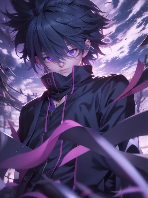 1male, gojo Satoru, anime style, dark blue clothes, dark blue blindfold on eyes, purple and white hairs, epic background, 8K res...