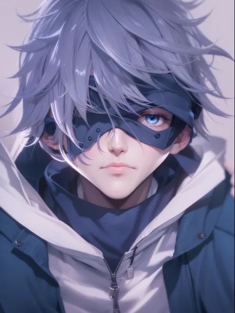 1male, gojo Satoru, anime style, dark blue clothes, dark blue blindfold on eyes, purple and white hairs, epic background, 8K res...