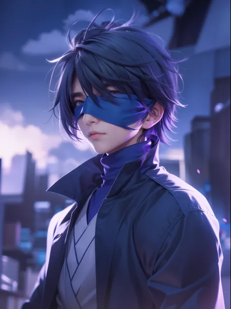1male, goju Satoru, anime style, dark blue clothes, dark blue blindfold, purple and white hairs, epic background, 8K resolution,...