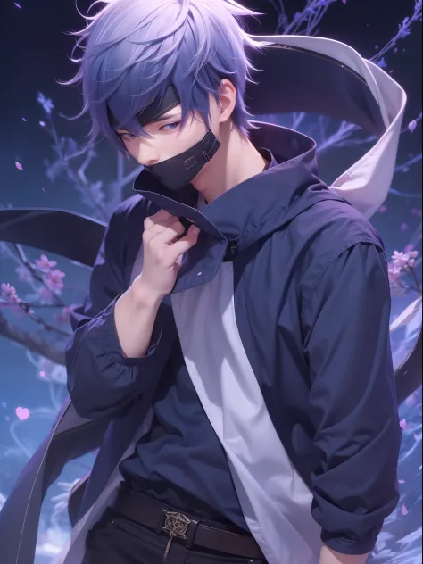 1male, goju satoru, anime style, dark blue clothes, dark blue blindfold, purple and white hairs, epic background, 8k resolution,...