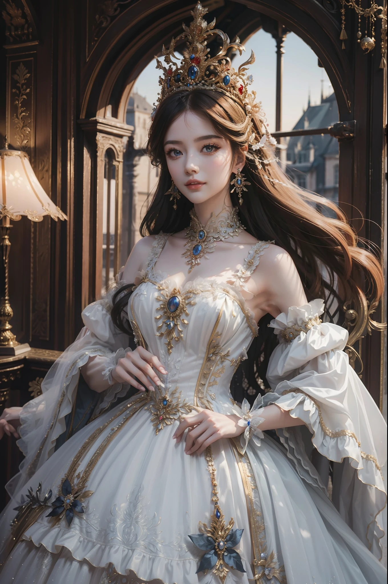 ((top-quality、​masterpiece、photographrealistic:1.4、8K))、1 beautiful detailed girl、extremely detailed eye and face、beatiful detailed eyes、（Complex luxury red dress in medieval European style、Luxurious dress hat in medieval European style）、Luxury accessories、Elegant smile、natta（Depict a scene of a princess standing on the balcony of a castle。Hair swaying in the wind and a dress complement her noble vibe。）、Cinematic lighting、Textured skin、Super Detail、high detailing、High quality、hight resolution、（looking at the viewers）、Petals flutter