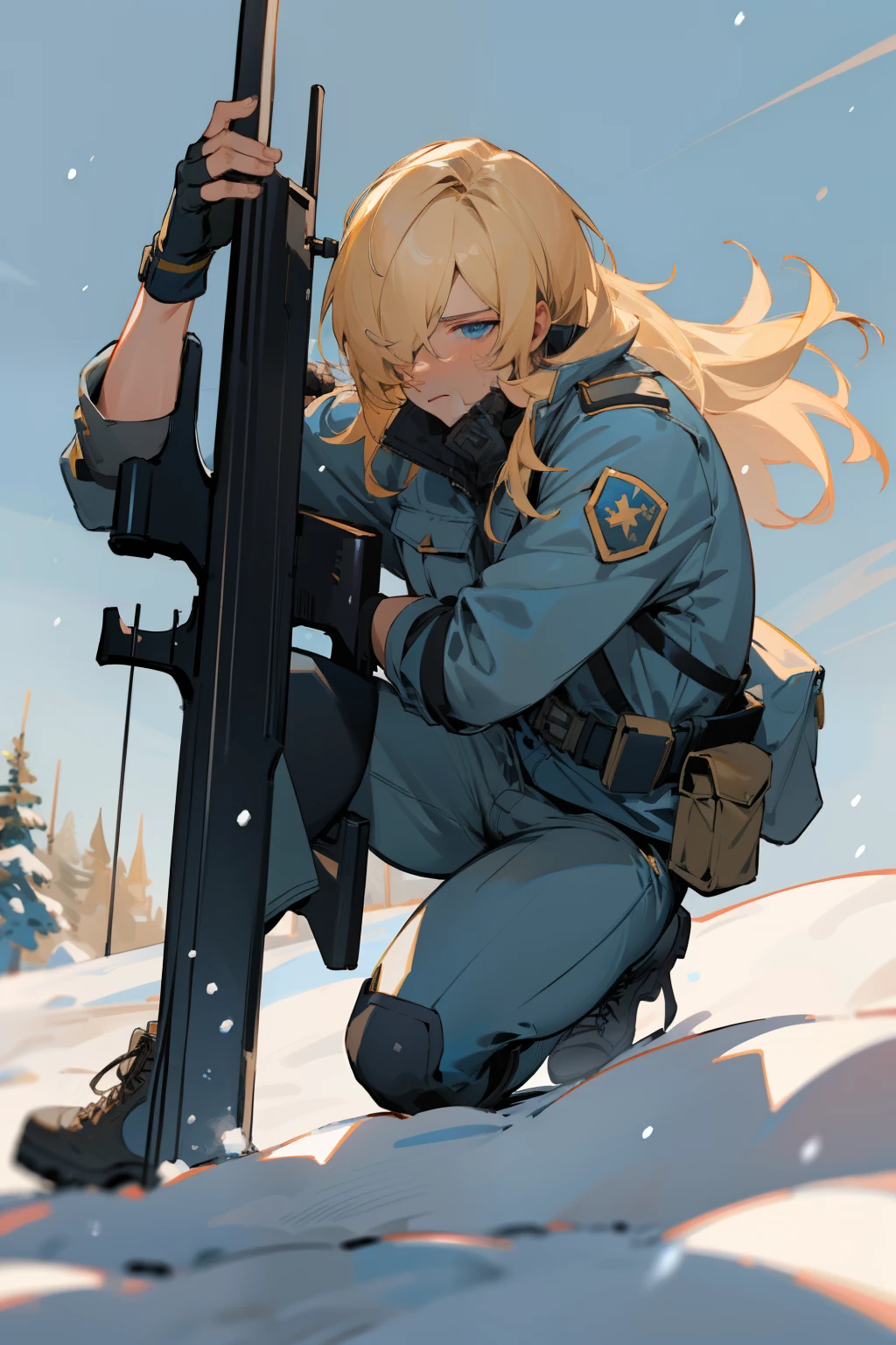 masterpiece, best quality, detailed face, male, blue eyes, blonde, hair over one eye, blue jacket, belt, blue pants, fingerless gloves, cross-laced boots, holding sniper rifle, snow, one knee, from side, blue sky