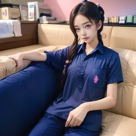 ((1 lori twintails girl in sofa :1.5)),(full body:1.4),(wide shot:1.3),high angle,field of view,looking at distance ,18yo, shiny skin, ((Correct anatomy:1.37)),best hands , (upper body wearing pink shirt,shirt sleeves), (lower body wearing ((navy long trac...