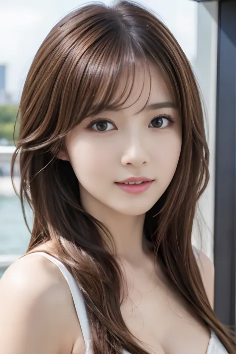 (hight resolution:1.3), (8K, Photorealsitic, Raw photography, Top image quality: 1.4), japanes, (1girl in), beauitful face, (Lifelike face), (Brown hair、Medium Hair:1.3), disheveled hairstyle, realisticeyes, beautiful finely detailed eyes, (real looking sk...