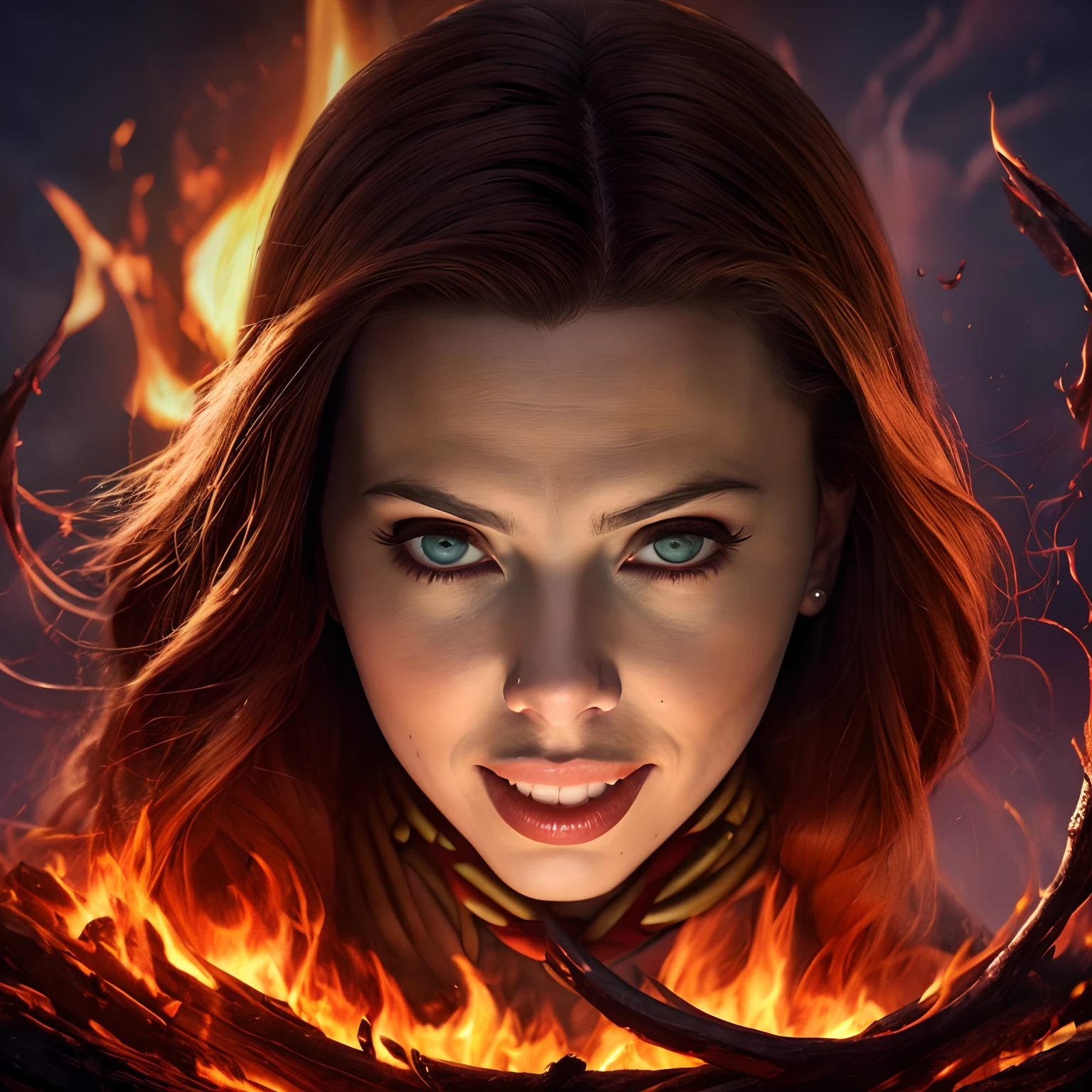 Berserker, barbarian woman(Scarlet Johansson),  Arte de Fantasia, of his gaze alone enemies beginning to panic, one head, devilish smile, besta do inferno, demonio, White Fire Sky, guerreira, com foice e escudo, Linda, Mulheres, Werelion, Long red braided hair, olhos dourados brilhantes, realista, altamente detalhados, Motor irreal, 8k de luxo