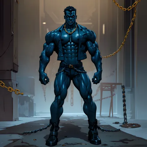 Frankenstein monster, ((dark blue skin)), colored skin, muscular, masterpiece, full body view, distressed business suit, open shirt, oversized boots, angry face, bolts on each side of neck, chains around a wrists, standing monstrous