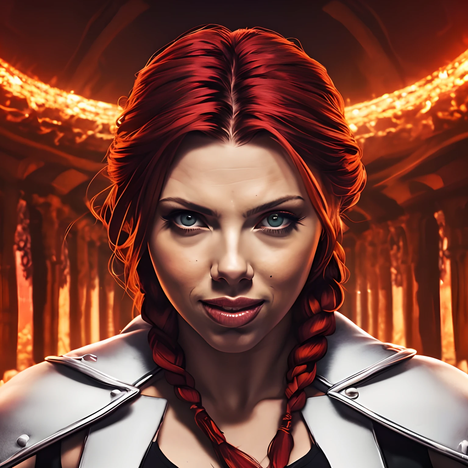 frenético, mujer bárbara(Scarlett Johansson),  arte de fantasía, de su sola mirada los enemigos comienzan a entrar en pánico, una cabeza, sonrisa diabólica, bestia del infierno, demonio, Cielo de fuego blanco, Guerrero, con hoz y escudo, linda, MUJER, hombre león, Pelo largo trenzado rojo, ojos dorados brillantes, realista, muy detallado, Motor irreal, 8k de lujo