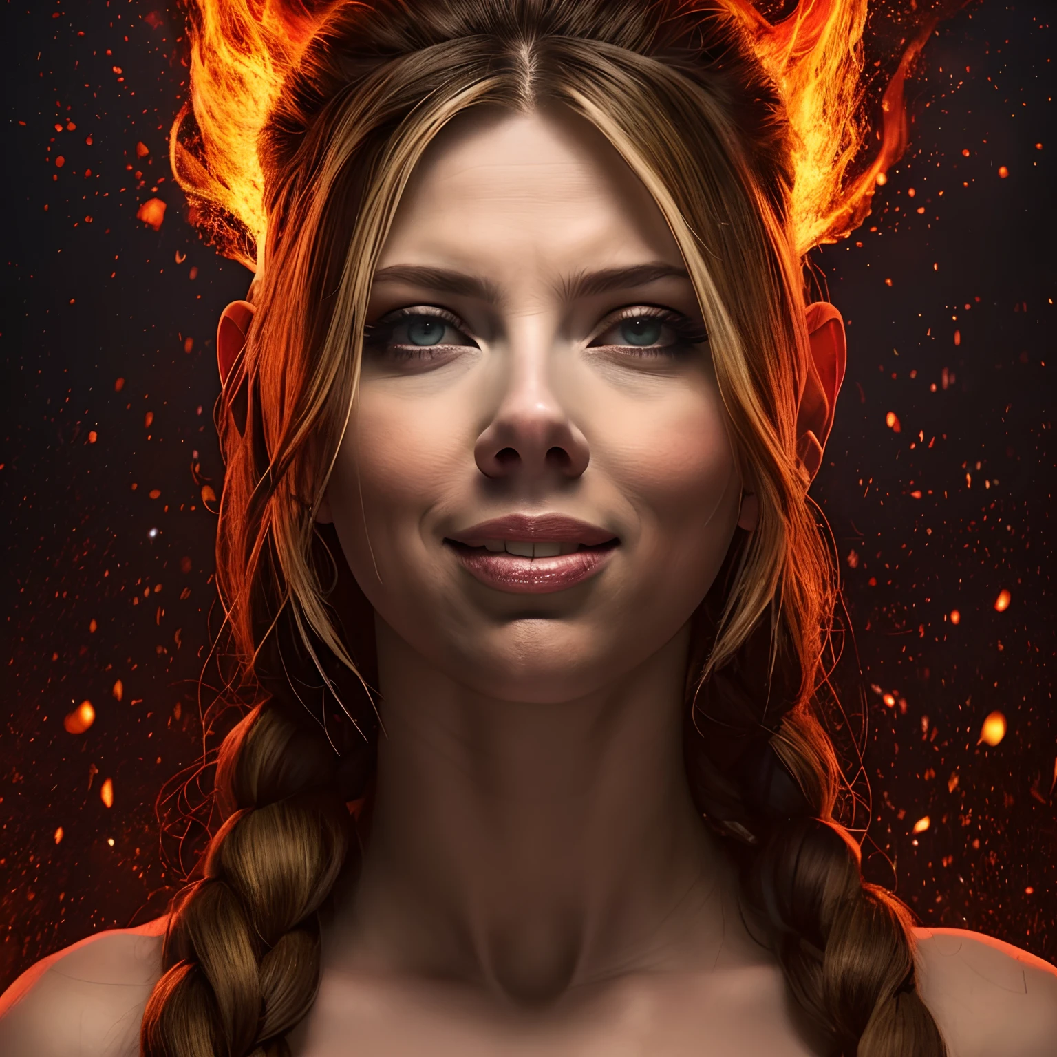 frenético, mujer bárbara(Scarlett Johansson),  arte de fantasía, de su sola mirada los enemigos comienzan a entrar en pánico, una cabeza, sonrisa diabólica, bestia del infierno, demonio, Cielo de fuego blanco, Guerrero, con hoz y escudo, linda, MUJER, hombre león, Pelo largo trenzado rojo, ojos dorados brillantes, realista, muy detallado, Motor irreal, 8k de lujo