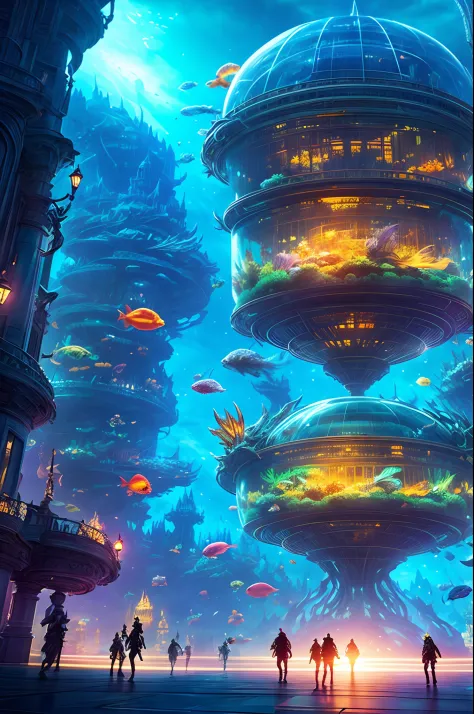 Fantasy concept art, Transparent building as a huge aquarium with fish at night, Beautiful light decoration, wide-angle lens, 8k octane rendered, Realistic, Epic shots, Movie Lighting, Detailed architecture, Detailed fish, Brilliant and colorful