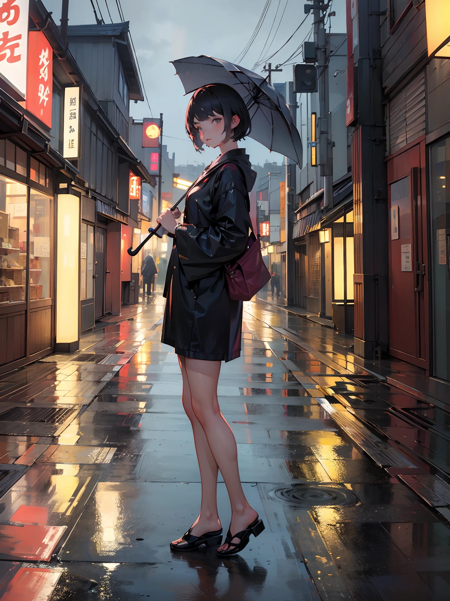 fille, Cheveux courts, Contexte de Lawson, tout le corps, tenant un parapluie, En attendant, pluie, nuit, grand angle, Japon, ton d&#39;humeur