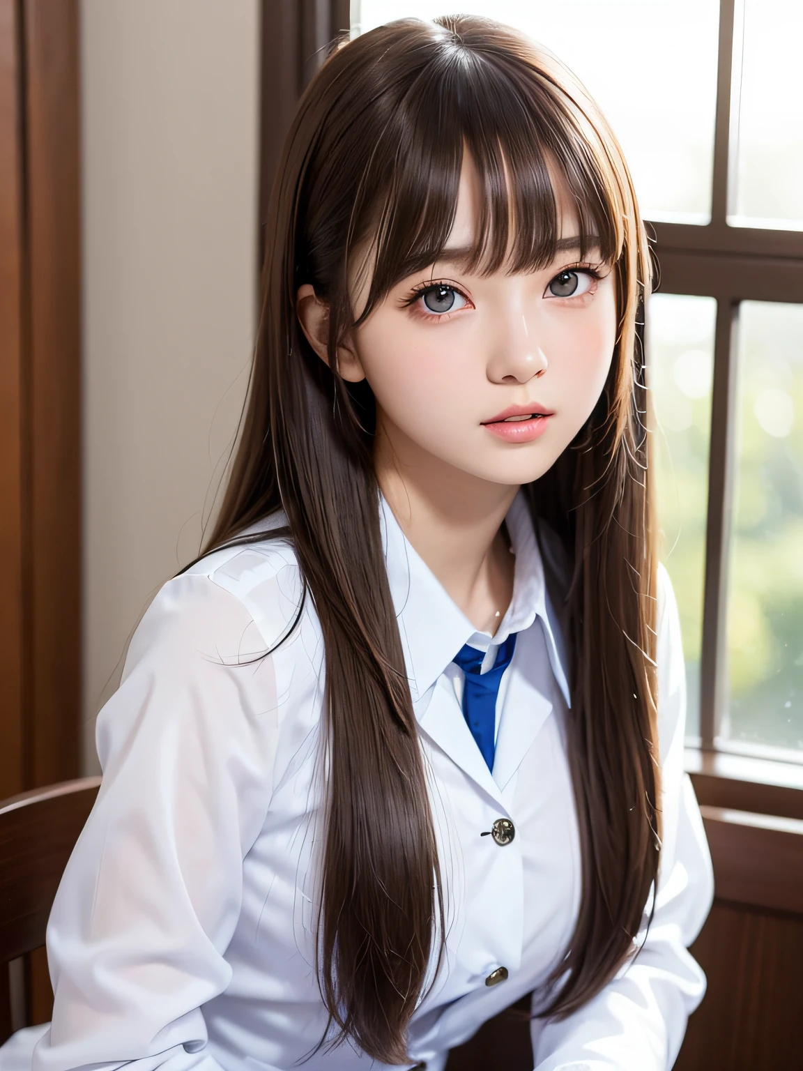 portlate、School Uniforms、bright expression、poneyTail、Young shiny shiny white shiny skin、Best Looks、Natural brown hair with dazzling highlights、shiny light hair,、Super long silky straight hair、Beautiful bangs that shine、Blunt bangs、Glowing crystal clear attractive big blue eyes、Very beautiful nice cute  girl、Lush bust