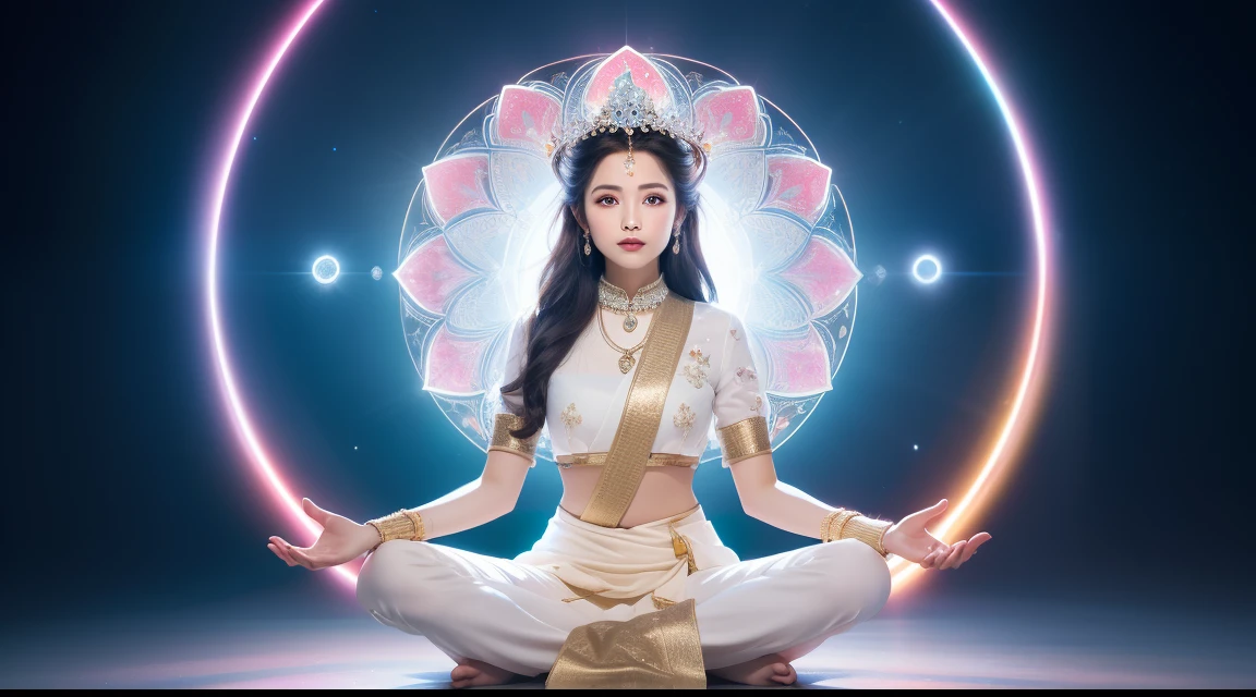 There is a beautiful goddess in the void meditating cross-legged on a large lotus flower，Perfect body posture，A meditative，Long curved eyebrows，Beautiful eyes sparkle，The large, Jewel-like eyes sparkle，Clear pupils have reflected light，二重まぶた，（（Plump and rosy lips）） Clearly visible，（（Flushed cheeks）），The mandible is plump，Fair skin is delicate and smooth，Delicate skin translucent，A delicate and dexterous crown，inlaid gemstones，Exquisite and ingenious，inlaid gemstones，Sitting on a light red lotus in the air，look straight at the camera，（（Pinch the stem of the lotus flower with one hand）），(((nice hand)))，（（（（Good feet））），（（（good legs））），realisticlying，white skinned，（（Correct body structure）），White clothing，decorated in white，Meditate on the lotus pose，baiyun，Blue sky，Head background with round light，Behind him is a colorful rainbow circle，Color glow is turned on，Front lighting，Positive light，No shadows on the face，There are no shadows on the body，Blue sky，Unreal space，ethereal world，dreamworld，with blue sky and white clouds，tmasterpiece，4K，ultra-definition，professional photoshooting，Perspective looks up，Standard lens shooting，