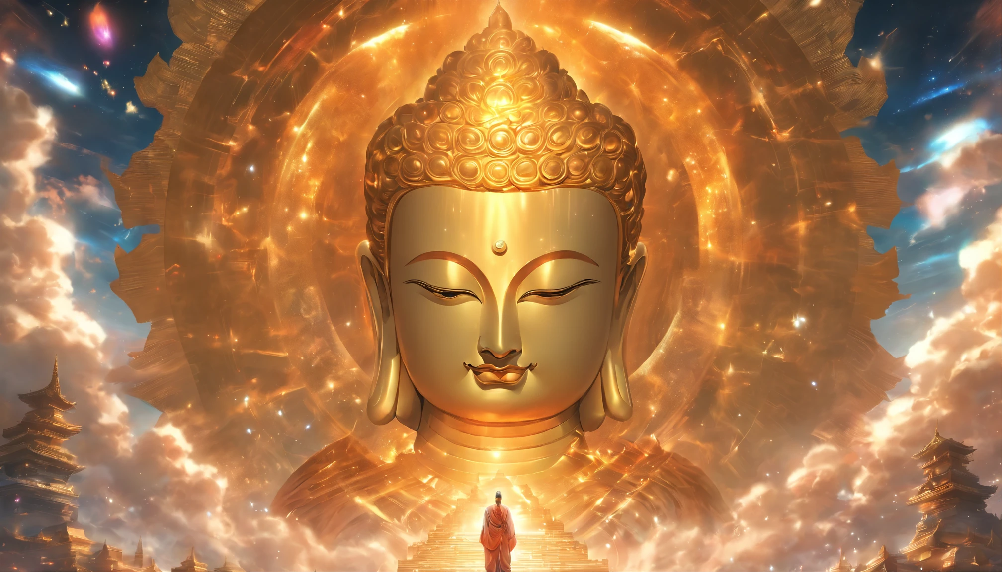 Interstellar，Endless space，The huge Maitreya Buddha statue rushed towards the huge space-time tunnel，Highly detailed portrait of a huge golden Buddha with the halo of the sun god，ssee-through，depth of fieldasterpiece))，(Best quality))，Magnificent space image scene，surrealism, Super detail, ccurate, Best quality, hyper HD, Masterpiece, Anatomically correct, A high resolution, 16k