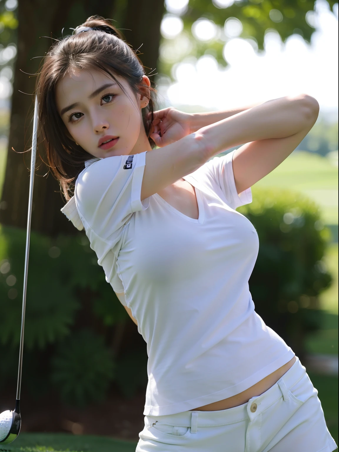 Arafed woman in white shirt swinging a golf club at a golf course - SeaArt  AI