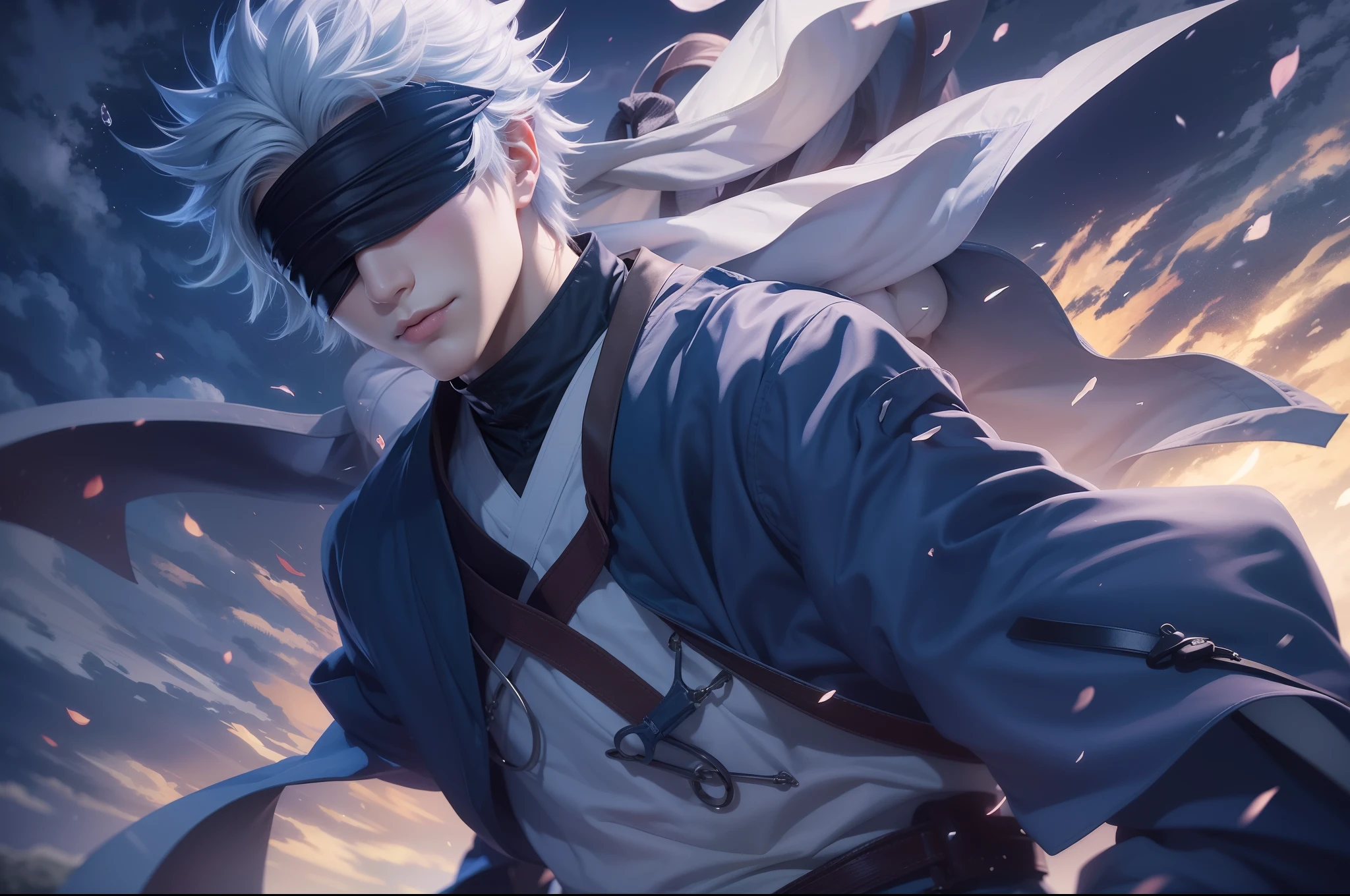 1male, goju Satoru, anime style, dark blue clothes, dark blue blindfold, white hairs, epic background, 8K resolution, extremely detailed, best quality, masterpiece collection, Japanese anime, Gege Akutami