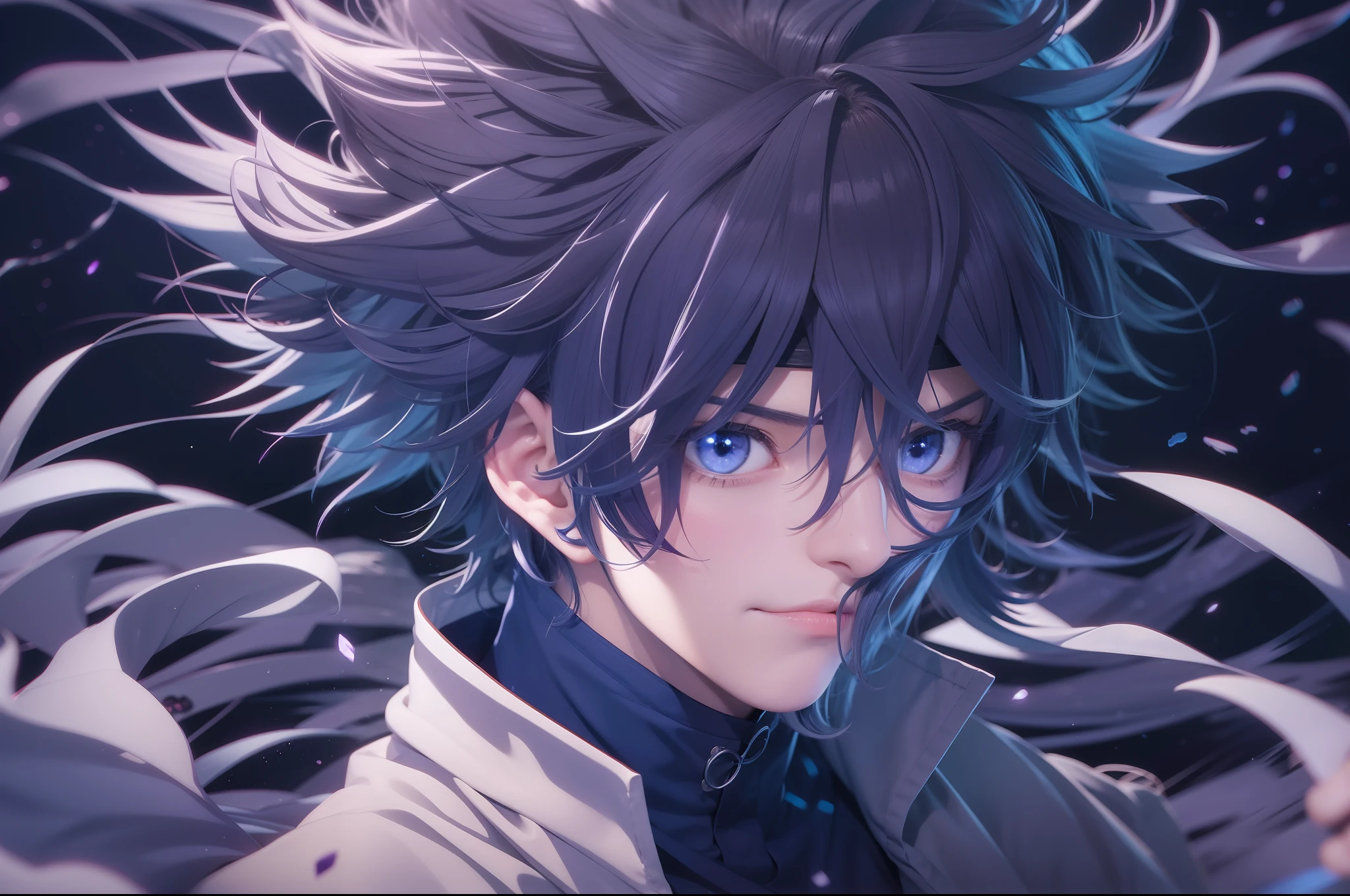 1male, goju Satoru, anime style, dark blue clothes, dark blue blindfold, purple and white hairs, epic background, 8K resolution, extremely detailed, best quality, masterpiece collection, Japanese anime, Gege Akutami