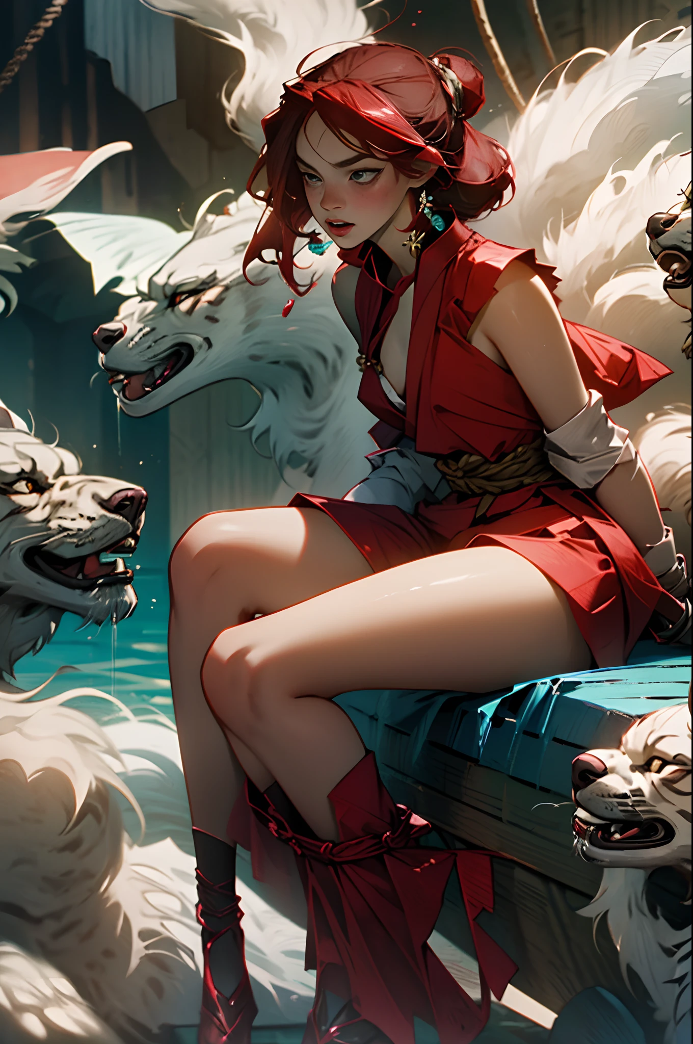 Anime girl sitting on a bench with a white dog and a white wolf - SeaArt AI