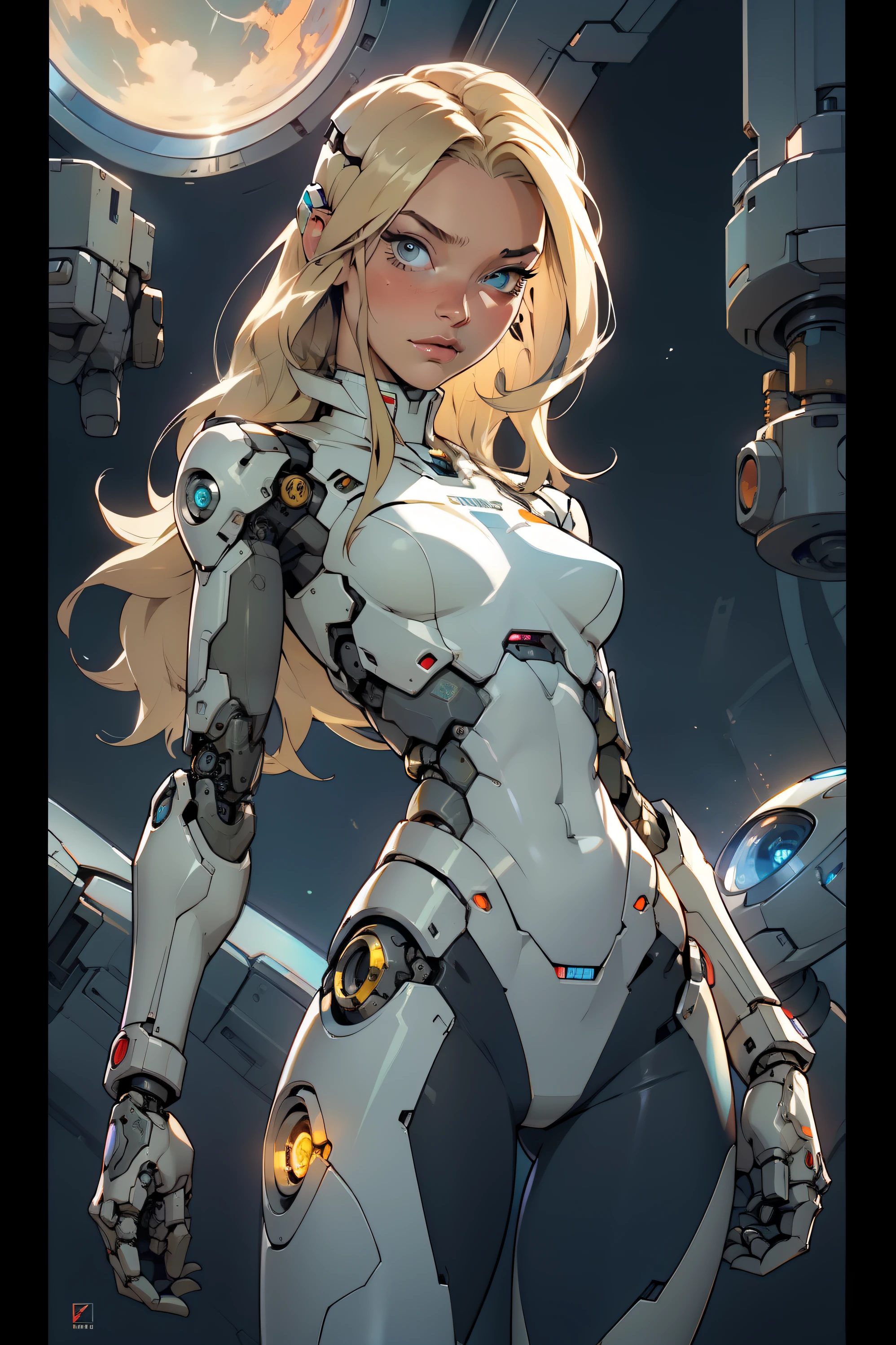 high quality, 4k, masterpiece, beautiful, cyborg girl, cowboy shot, dull eyes, looking at viewer, long blonde hair, girl, small breasts, fit thigh, robotic arms, robotic body, cyborg body, intricate detail, joint, detailed lines, robotic detail, holding fist up, holding hand up as fist, color robotic parts, robotic parts with color, perfect fingers, on a strange planet, sunny