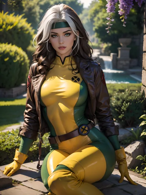(masterpiece:1.0), (best_quality:1.2), Classic Rogue, 1991 Rogue X-Men, 1 girl, Only, full body view, medium length hair, brown hair, wavy hair, one lock of white hair, headband, green eyes, parted lips, very physically fit, large breasts, mischievous look...