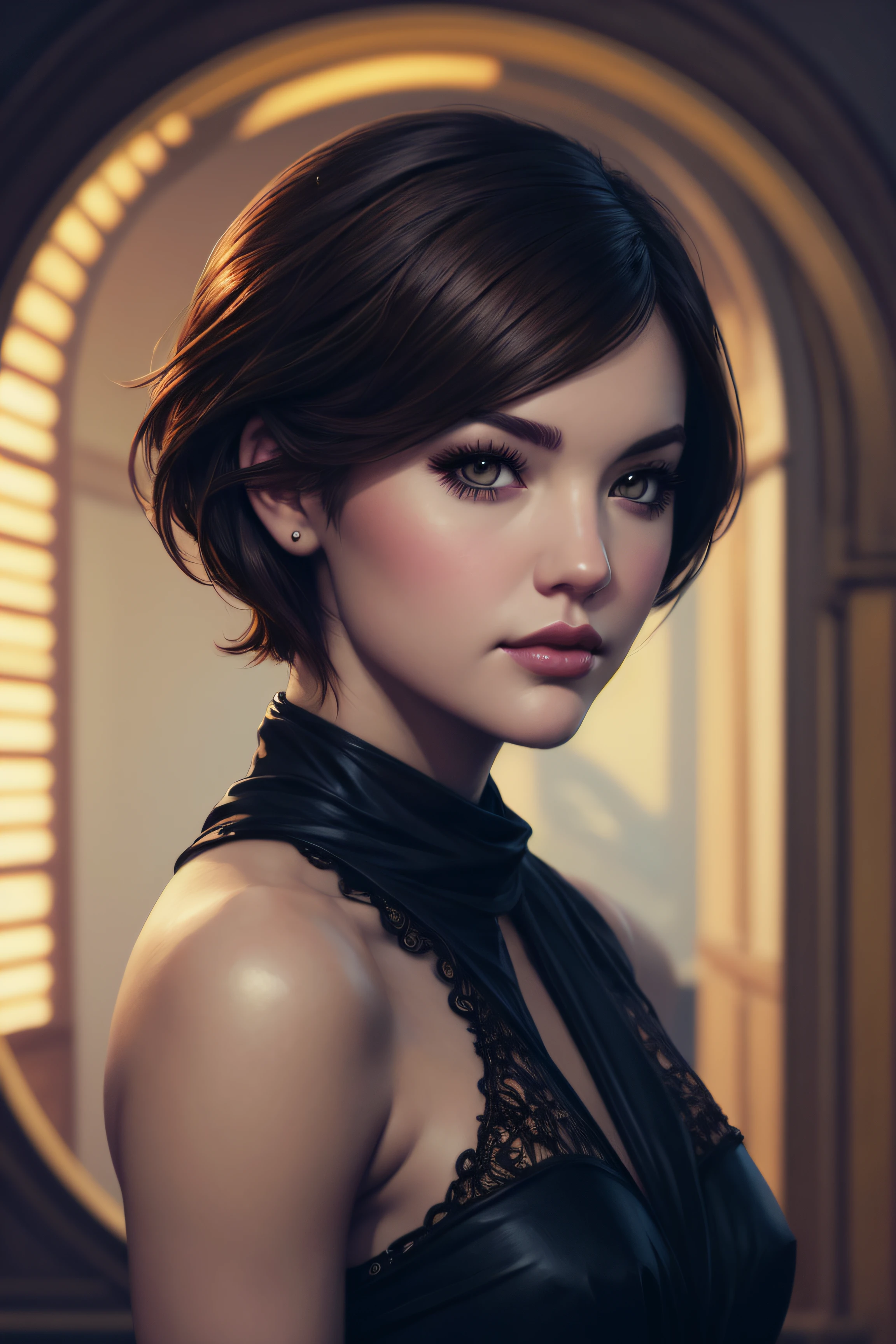 Lucy Hale, nude, character portrait, 4 9 9 0 s, short hair, intricate, elegant, highly detailed, digital painting, artstation, concept art, smooth, sharp focus, illustration, art by wlop, charlie bowater and alexandra fomina