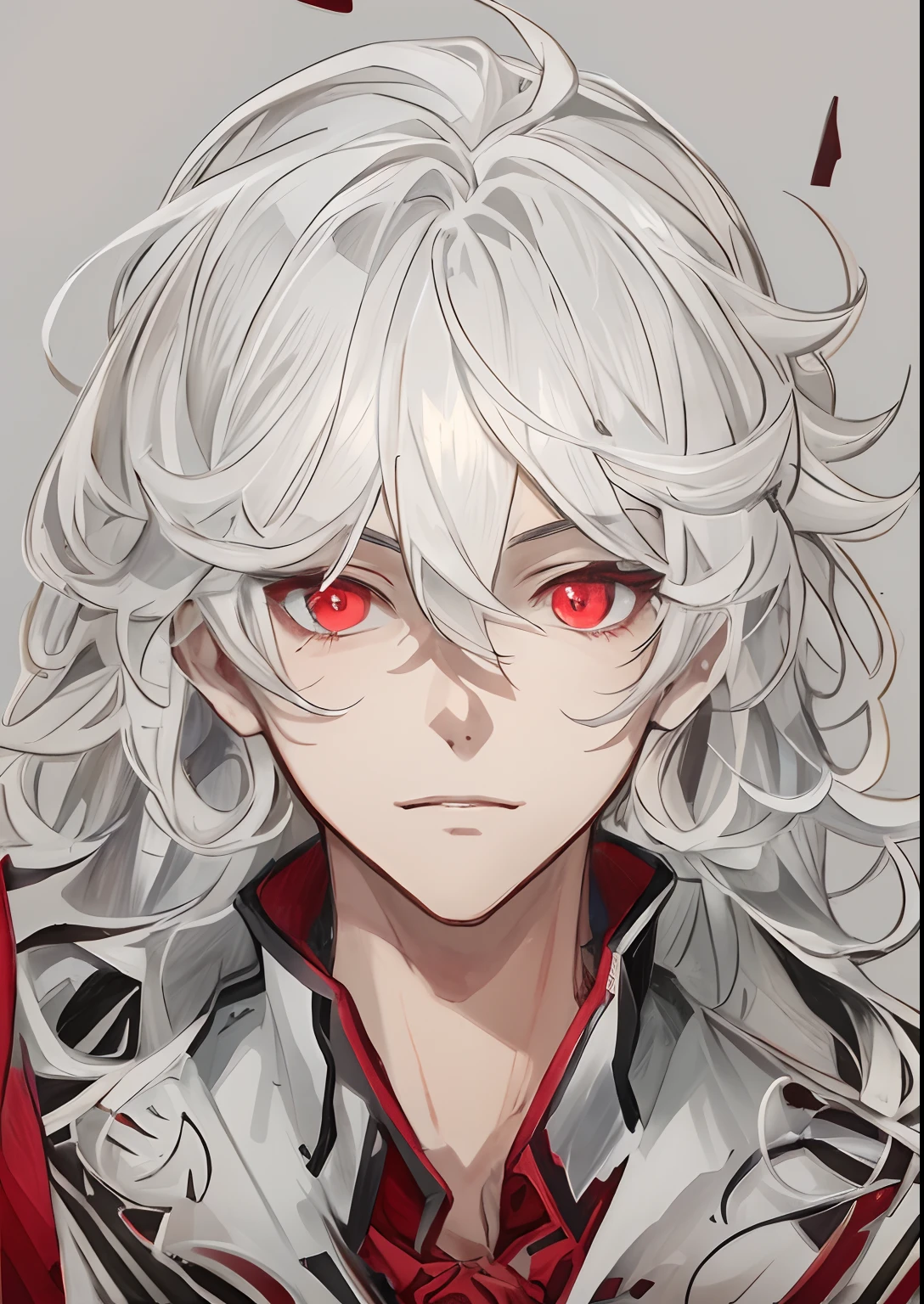 anime - style image of a man with white hair and red eyes, white haired, detailed anime character art, anime character portrait, with glowing red eyes, white haired deity, he has dark grey hairs, roguish smirk, white-haired, stunning anime face portrait, detailed anime face, anime style portrait, detailed fanart