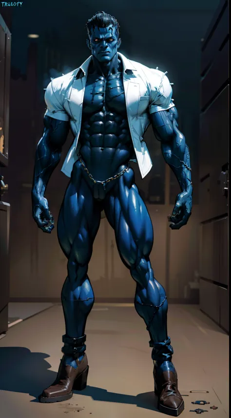 Frankenstein monster, ((dark blue skin)), colored skin, muscular, masterpiece, full body view, distressed black business suit, open white shirt, oversized brown boots, angry face, bolts on each side of neck, chains around a wrists, standing monstrous