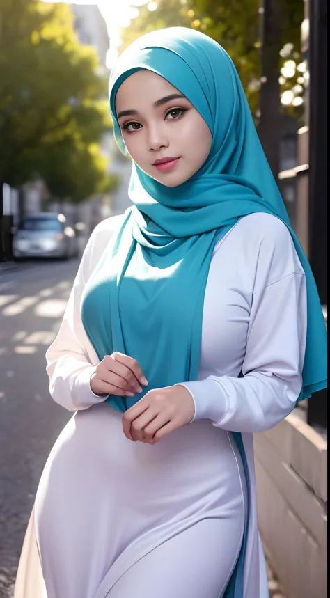 Malay girl wear white shawl hijab, wear oversize blue Floral Print