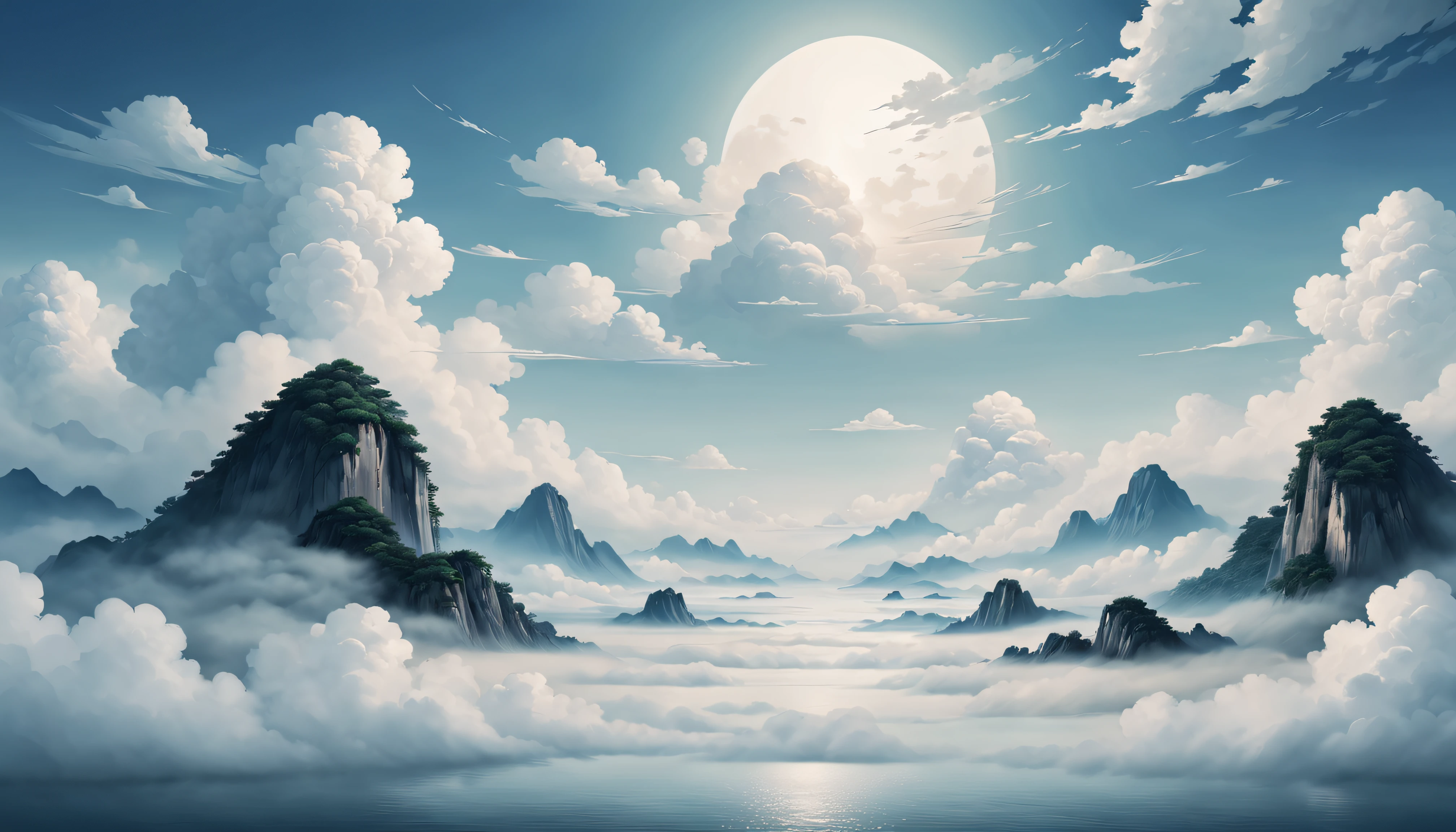 A painting of a mountain landscape with clouds and a full moon 