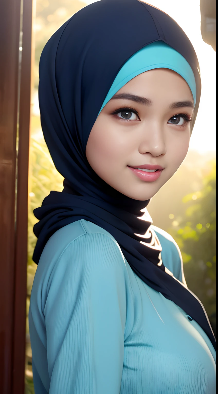 (night scene, close up photo of a sexy naked malay girl with hijab, posing, look at a camera and smile, blue pastel hijab, (green eyes:0.8), big tit, cute young face, 18 yo, soft volumetric lights, (backlit:1.3), (cinematic:1.3), intricate details, (ArtStation:1.2),Best quality, high resolution, masterpiece: 1.3), a beautiful malay woman in hijab, big breasts, slim figure, sweatshirt, beautifully presented details in the street and facial and skin texture, detailed eyes, double eyelids, big eyeschest visible, shirt open