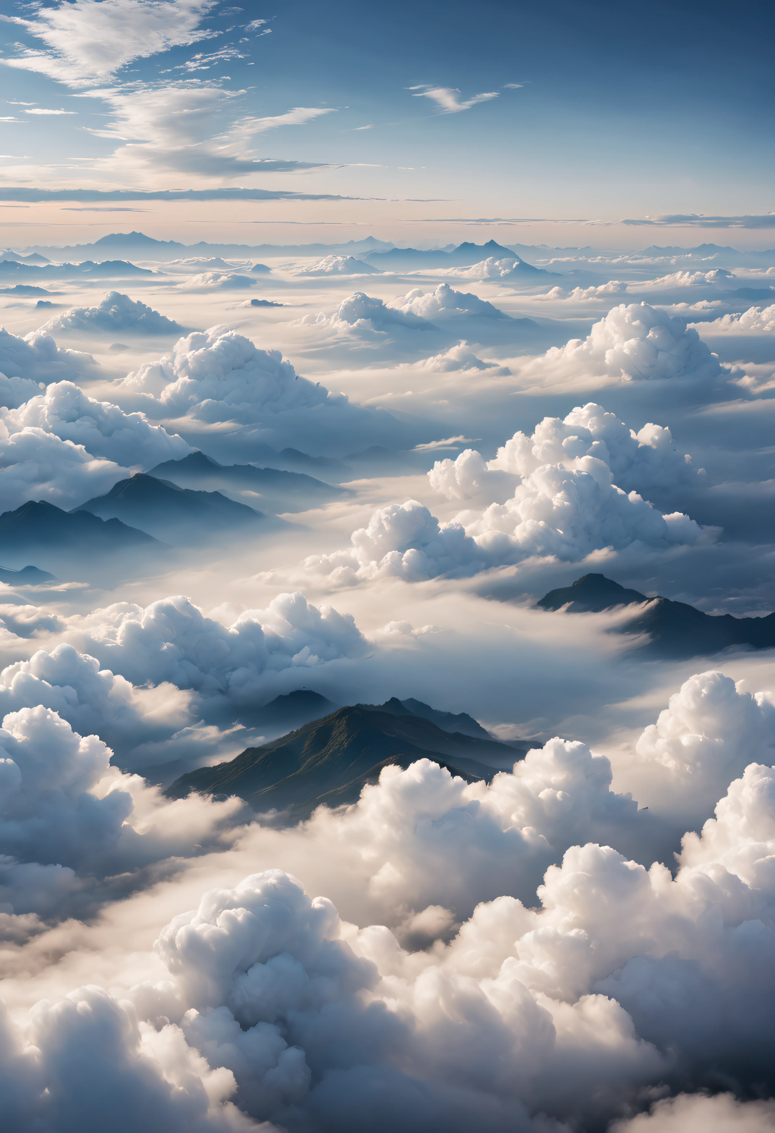 中国风，简约风格，大场景，平静的云海场景，少量祥云纹，高品质，最佳，白色调为主，平视角，超清晰，精美的