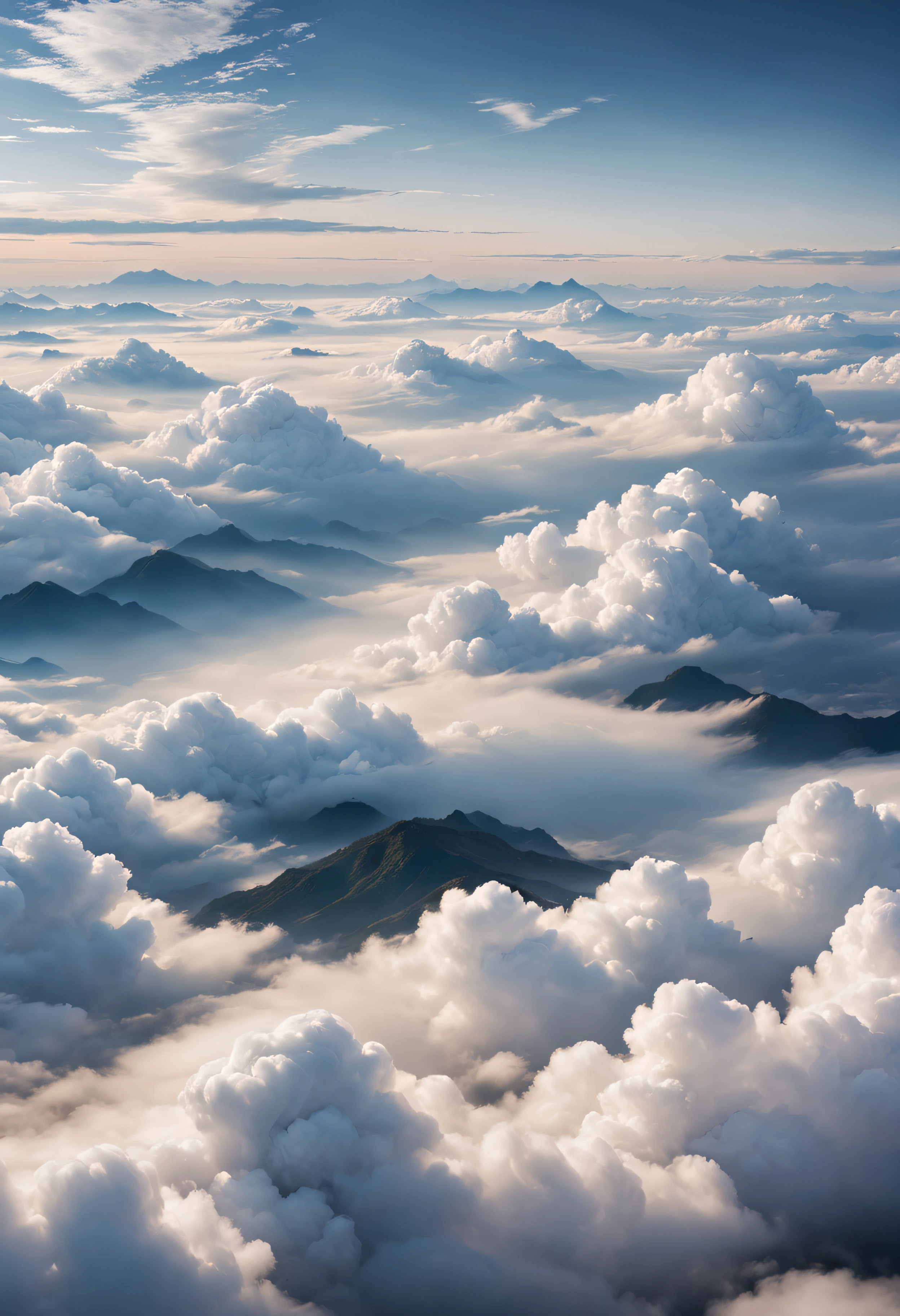 中国风，簡約風格，大場景，平靜的雲海景象，少量祥雲圖案，高品质，最佳，以白色為主色調，平面視角，超清晰，精美的