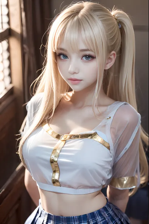 porate、((School uniforms:1.5))、bright expression、poneyTail、young and shiny white shiny skin、Best Looks、Gold reflects light、Platinum blonde hair，Shine brightly、Shiny light hair,、Super long silky straight hair、Beautiful bangs that shine、Big blue eyes that sp...