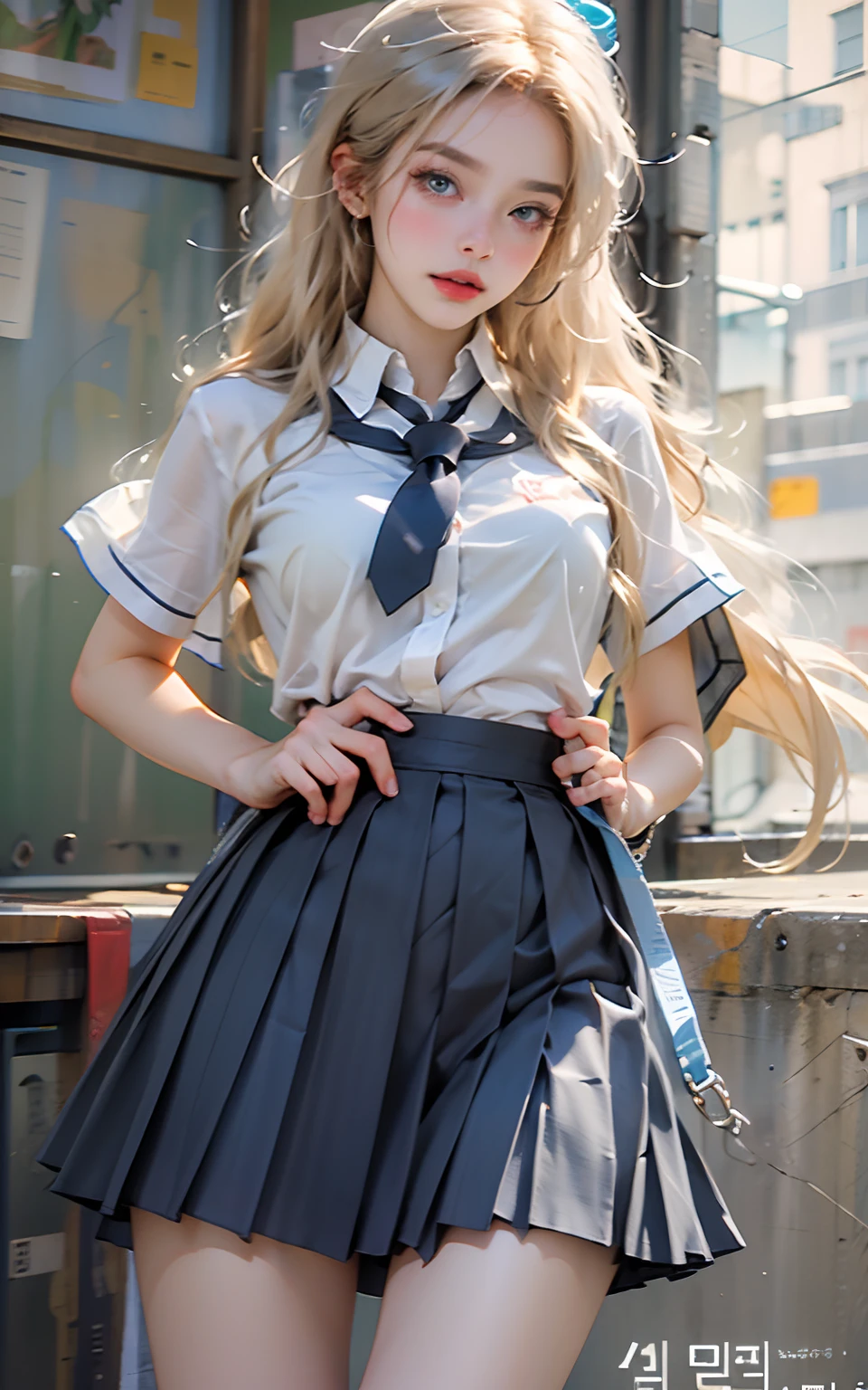 ((Best Quality, Best Resolution, Absurd, 8K, Masterpiece)), 1girl, woman, Helen Slater (superactress), young woman, 19 years old, long blonde hair, expressive blue eyes, Korean girls' school uniform (white shirt and pleated miniskirt), supergirl cosplay in Korean girls' school uniform, medium and large bust, NSFW, posture (bent knees and open legs), feet