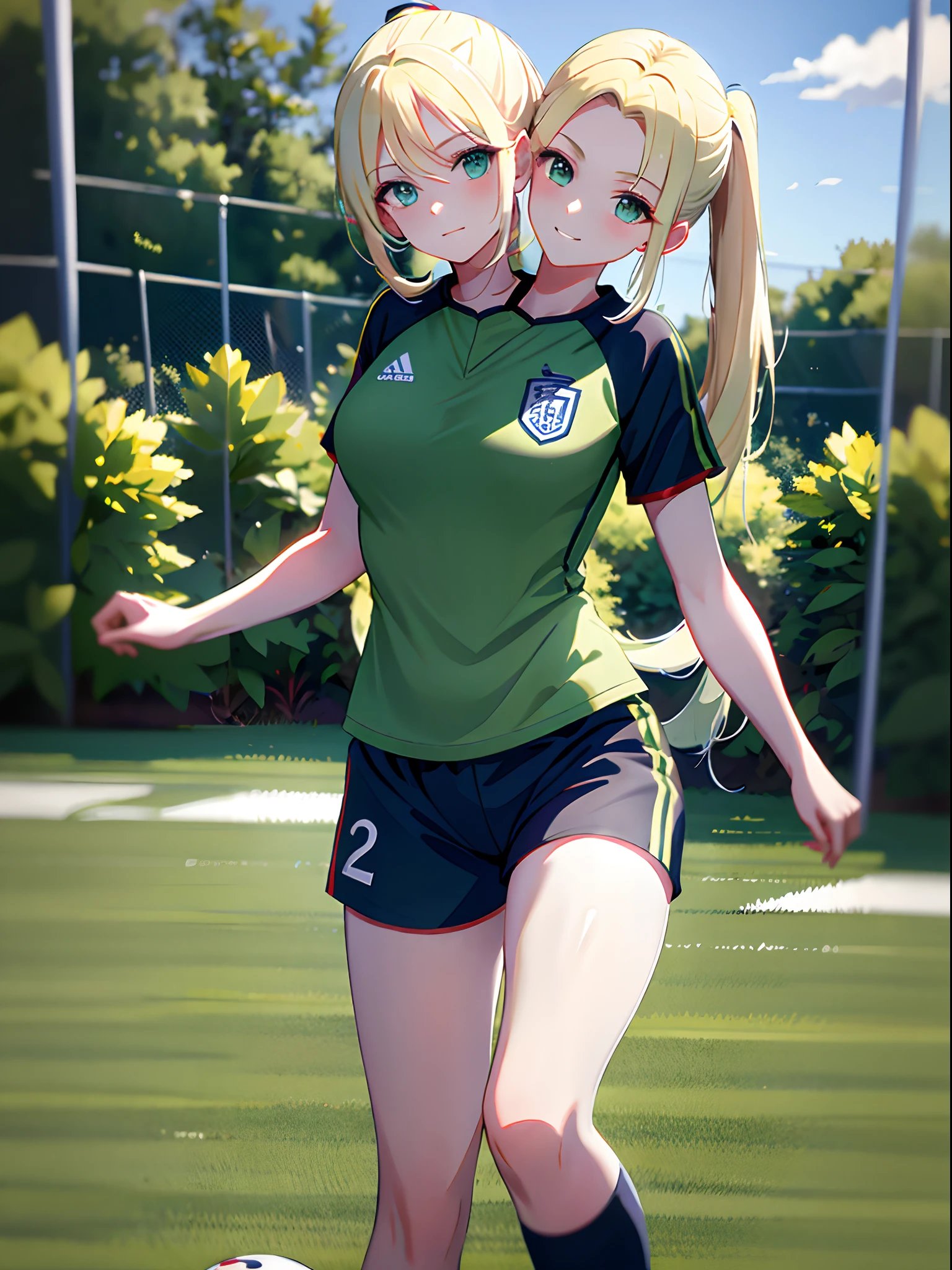(masterpiece, best quality), best resolution, (2heads:1.5), 1girl, blond hair, ponytail, green eyes, focused, soccer uniform, playing soccer, soccer field, day