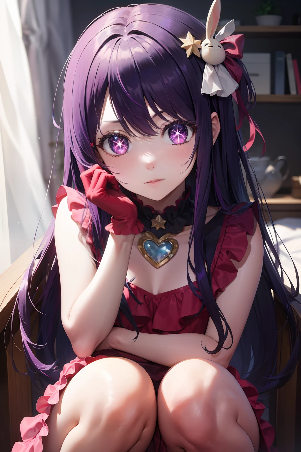 (masterpiece, best quality:1.2), high res, 8k, ai hoshino, hair between eyes, hair ornament, hair ribbon, long hair, one side up, (purple eyes:1.1), purple hair, rabbit hair ornament, star-shaped pupils, symbol-shaped pupils, six-pointed star-shaped pupils, belt, black belt, brooch, dress, pink dress, frilled dress, frilled gloves, frills, gloves, heart brooch, idol, idol clothes, jewelry, pink gloves, red ribbon, ribbon, turtleneck dress, squating, look at the viewer