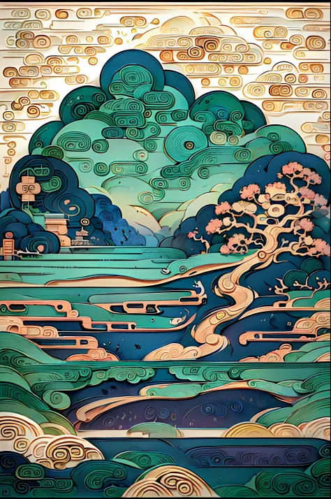 (Ancient Chinese landscapes:1.4)，(illustration:1.3，paper art:1.3, Quilted paper art:1.2),( reasonable design, Clear lines,Best q...