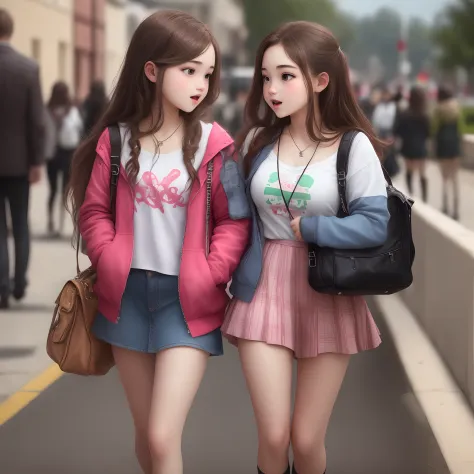 Two young girls walking down a street with their arms crossed 