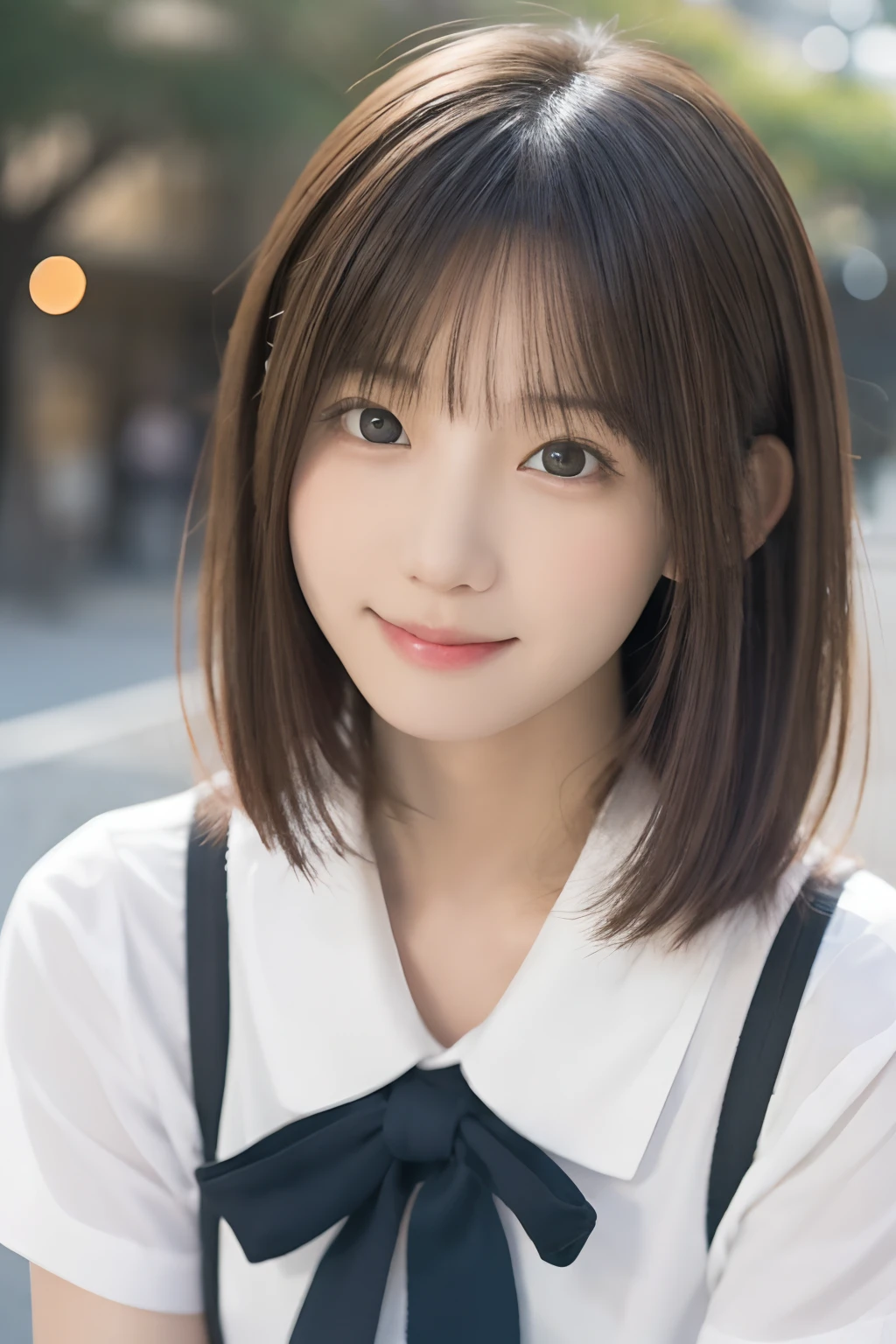 masutepiece, Best Quality, 8K, 15yo student, japanes、Teen, Raw photo, award winning portrait, A smile, Solo, Night, Idol face, violaceaess, gardeniass, Delicate girl, Upper body, Digital SLR, Looking at Viewer, Candid, Sophisticated, zora々Right, Thin arms, Professional Lighting, Film grain, chromatic abberation, (Eyes and faces with detailed:1.0),　A dark-haired、drooing eyes、Japanese high school  girl、kawaii faces:1.2,