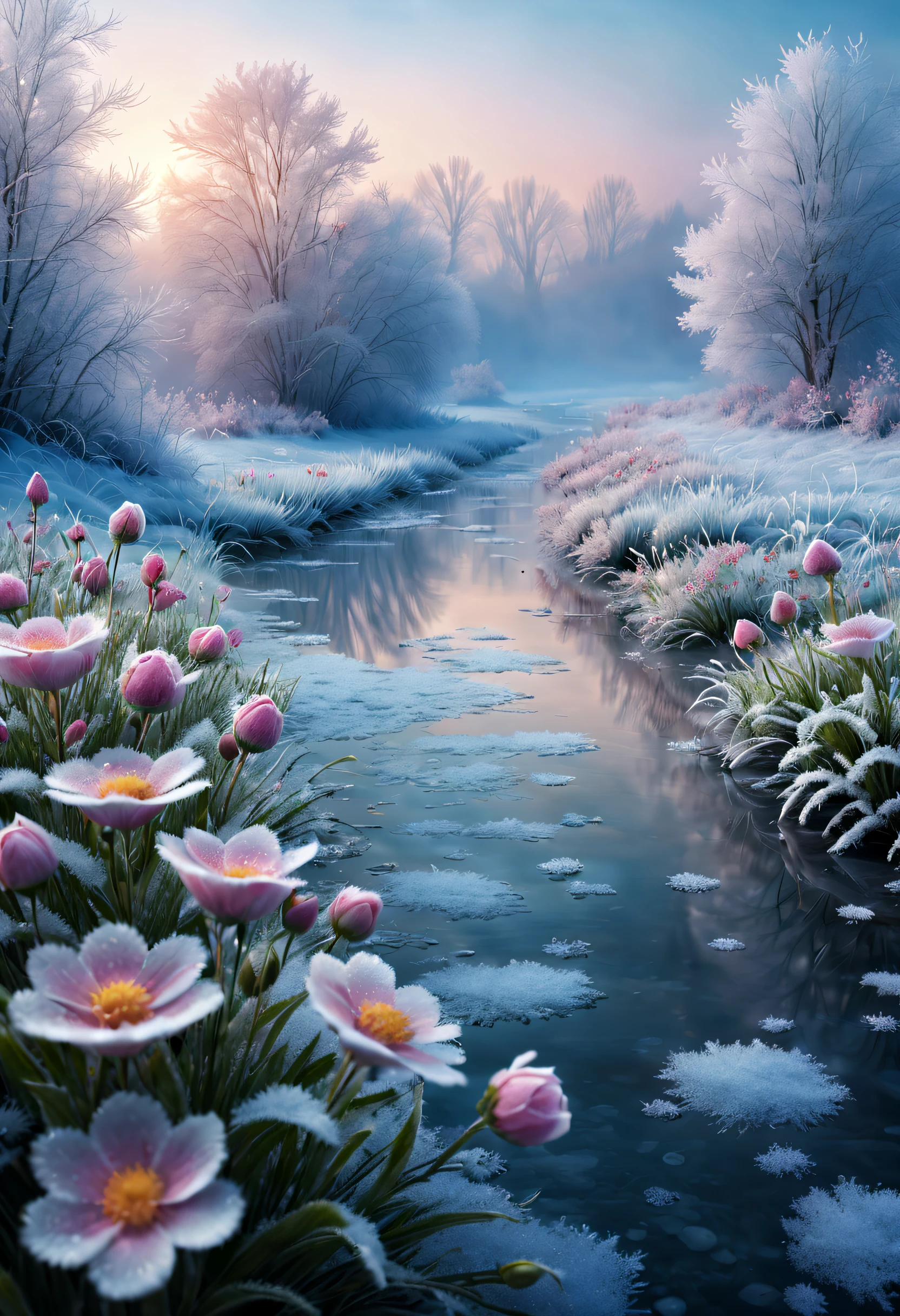 A flower sea in a hoarfrost, with flowers covered by the hoarfrost. The flowers emit a faint fragrance. The delicate and detailed painting style showcases the clear frost on each petal. With a gentle breeze, some petals float and fall from the branches. In the distance, a small stream meanders through the mist, reflecting the icy flower sea, creating a dreamlike scene. The entire picture gives a sense of tranquility and purity, with vibrant and soft colors. (best quality,4k,8k,highres,masterpiece:1.2),ultra-detailed,(realistic,photorealistic,photo-realistic:1.37),hoarfrost-covered flowers,fragrant atmosphere,delicate petals,gently floating petals,frosty and dreamlike stream,colorful and soft color tones,dreamlike lighting