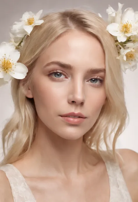 Caucasian woman in illustration，Flowers dripping on the face,Upper body,Blonde hair, Collage-based style, Made of insects, William Wegman, Skin color discrimination, White background, Pencil art illustration, National Geographic photo,full bodyesbian