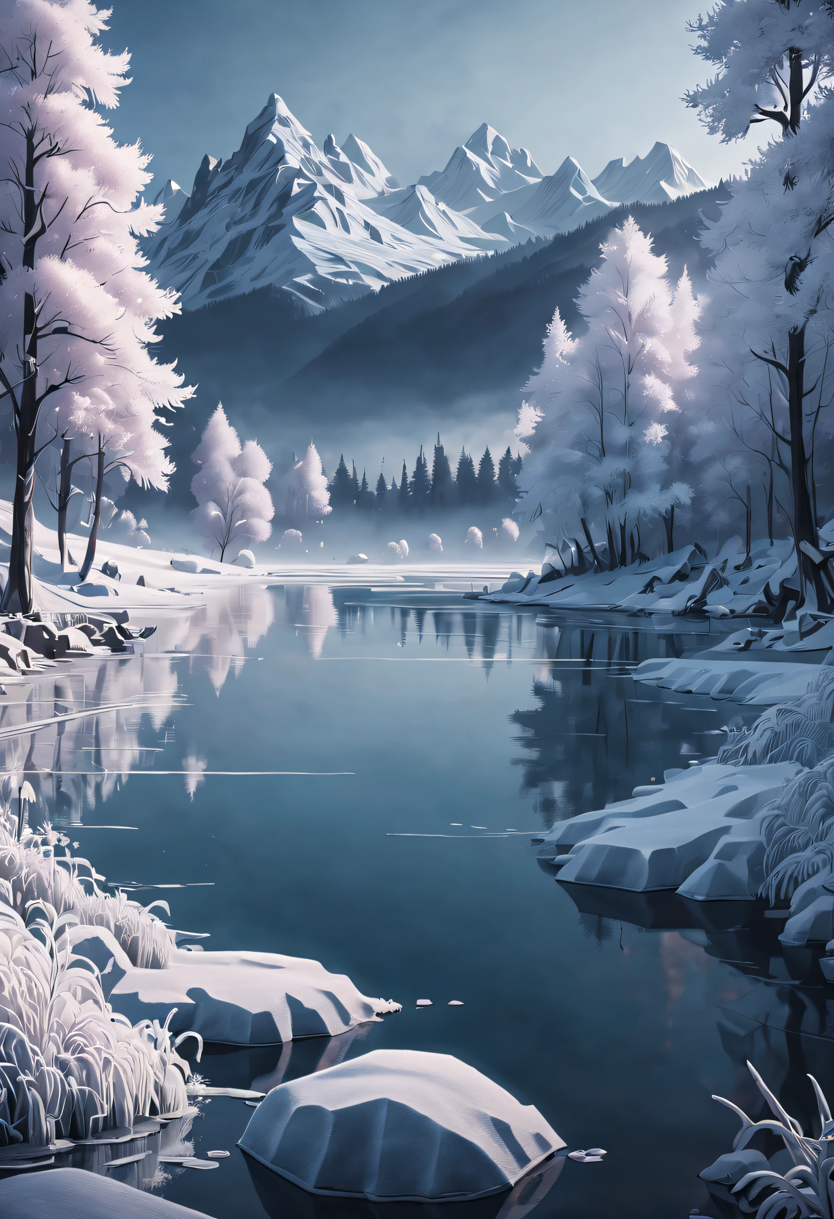 a serene lake covered with a thin hoarfrost, delicate and intricate texture of the ice and frost are depicted in the painting, the lifelike lighting effects fill the entire scene with a sense of vitality, the creative composition and perspective add depth and layering to the picture. The mountains and trees in the background are faintly visible, creating a mysterious and tranquil atmosphere that brings a visual impact. 

Tags: lake, hoarfrost, delicate texture, intricate frost, lifelike lighting effects, creative composition, depth, layering, mountains, trees, mysterious atmosphere, tranquil ambiance.