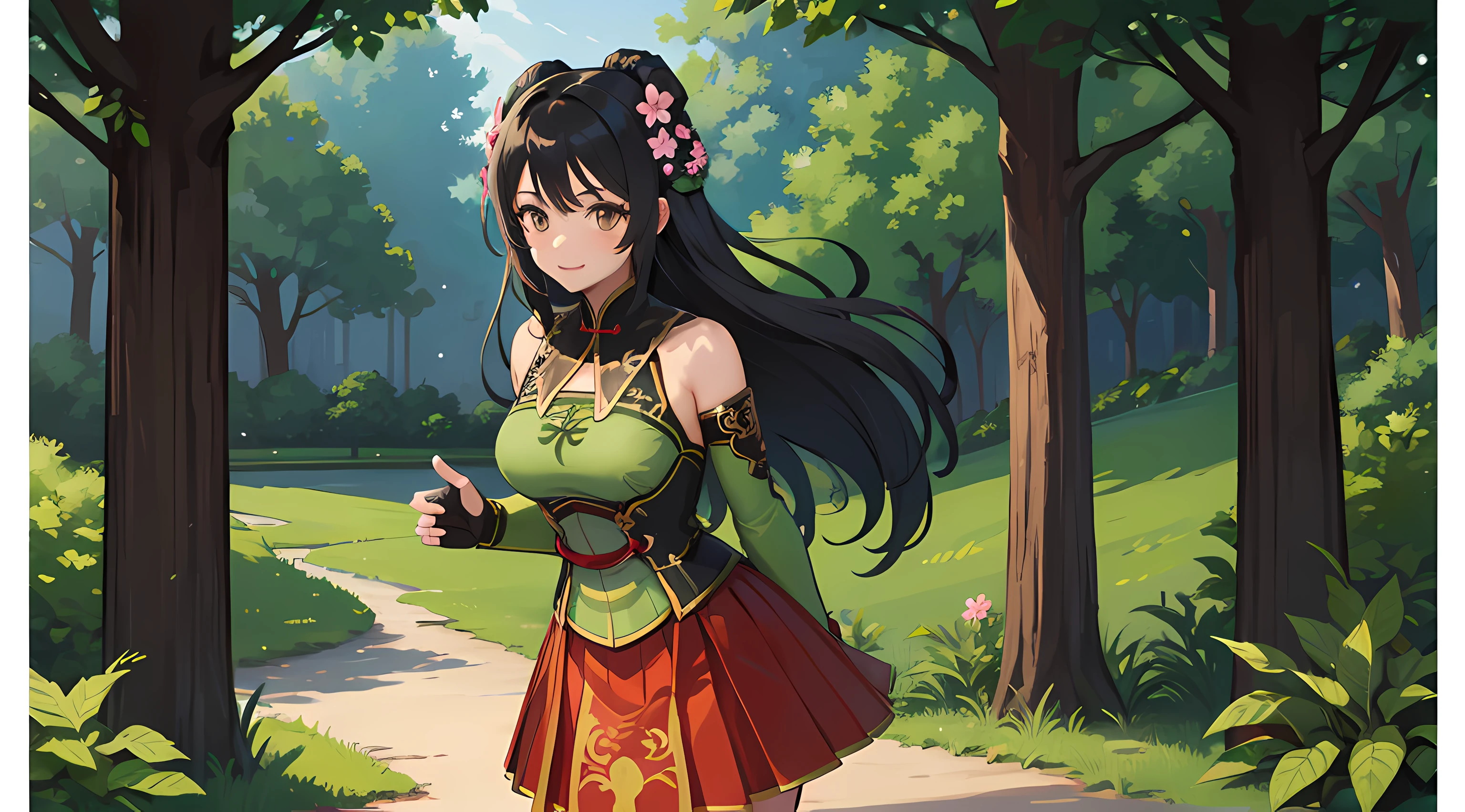 1girl, Guan Yinping, black hair, brown eyes, hair ornament, hair flower, big breasts, green top, bare shoulders, black collar, black corset, red skirt, fingerless gloves, forest, day, standing, light smile